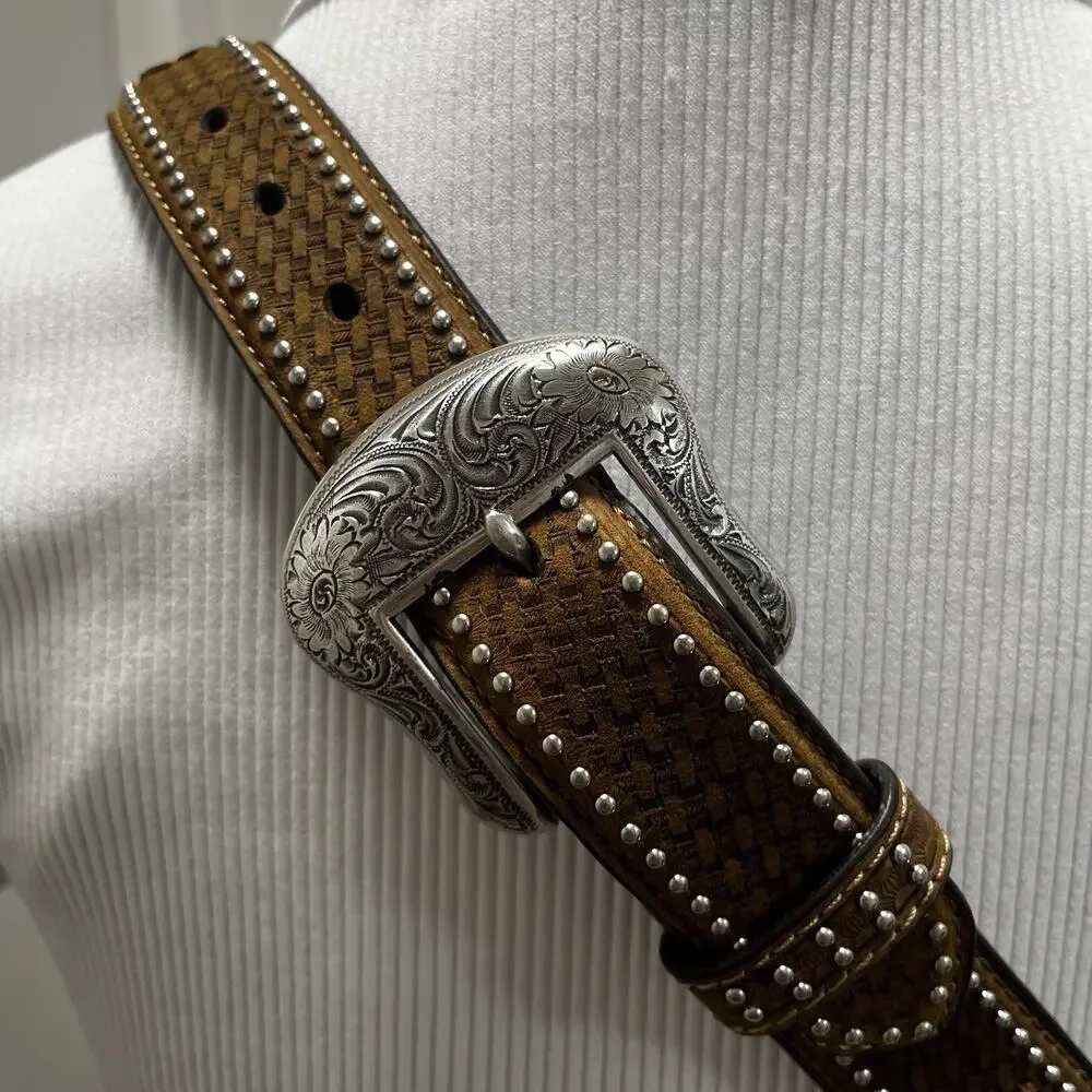 Nocona Mens Brown Ostrich Leather Studded Western Belt Sz 40 N2491844 EUC